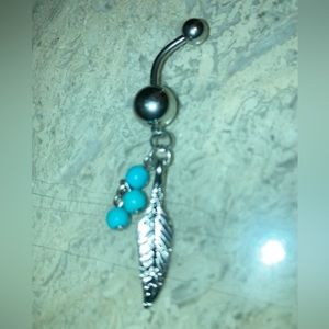 Sturdy & shiny 1”Feather 2”blue beads Stainless steel BELLY RING.Surg steel bar.